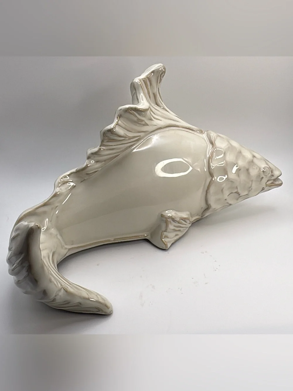 White Ceramic Glazed Fish Figurine Coastal Beach Nautical Home Decor Accent